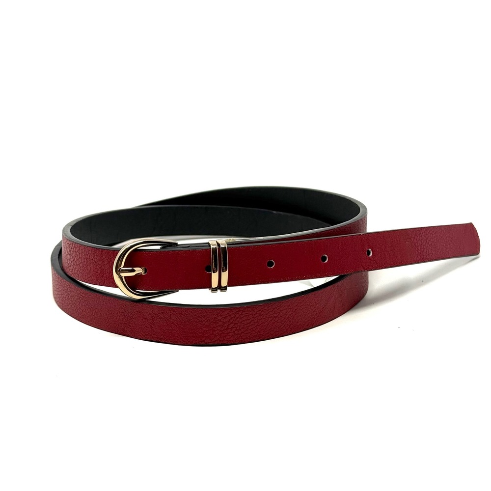 Tahari Womens Red Skinny Pebbled Faux Leather Belt Gold Horseshoe Buckle 35-39"